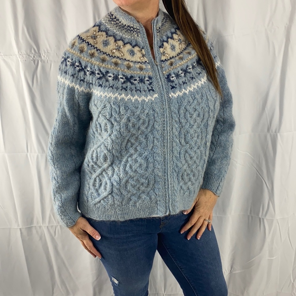 Susan Bristol wool and mohair fare isle zip up cardigan